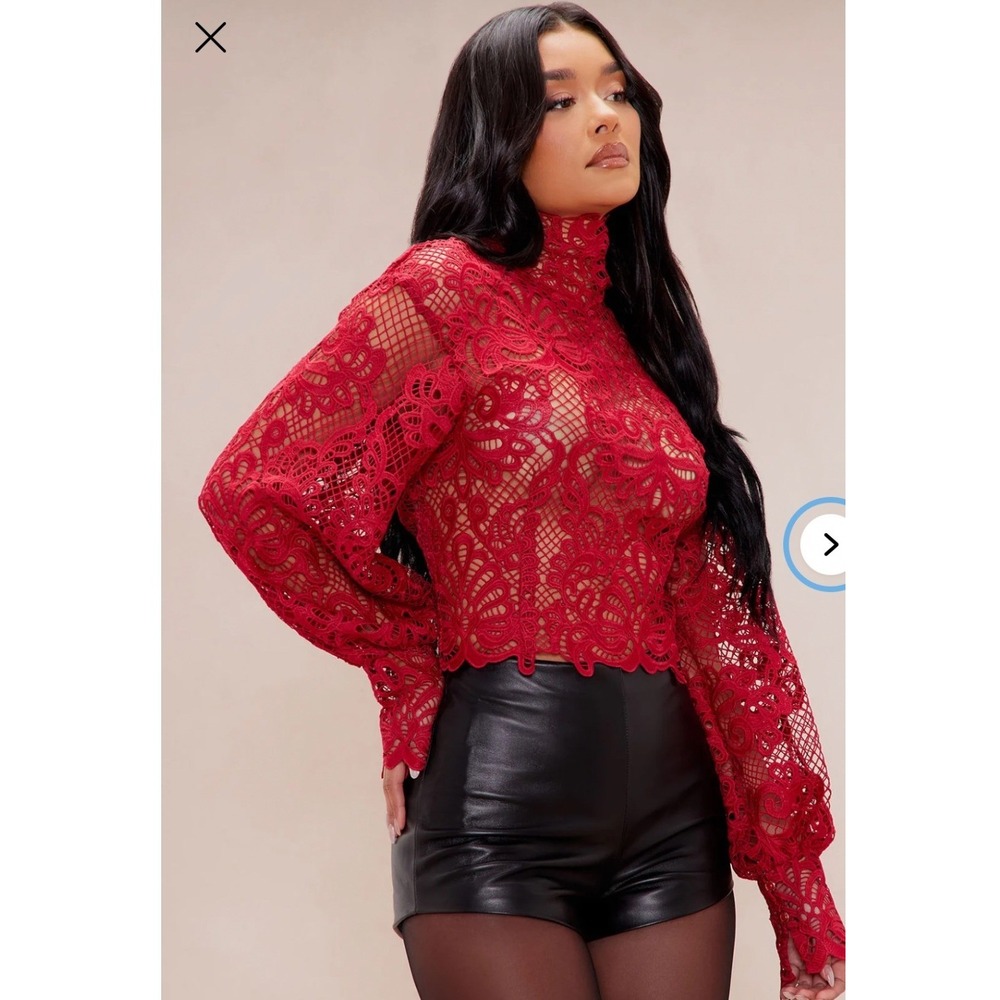 Fashion Nova Araceli Lace Blouse Red Mock Neck Balloon Sleeve Top NWT S Coquette